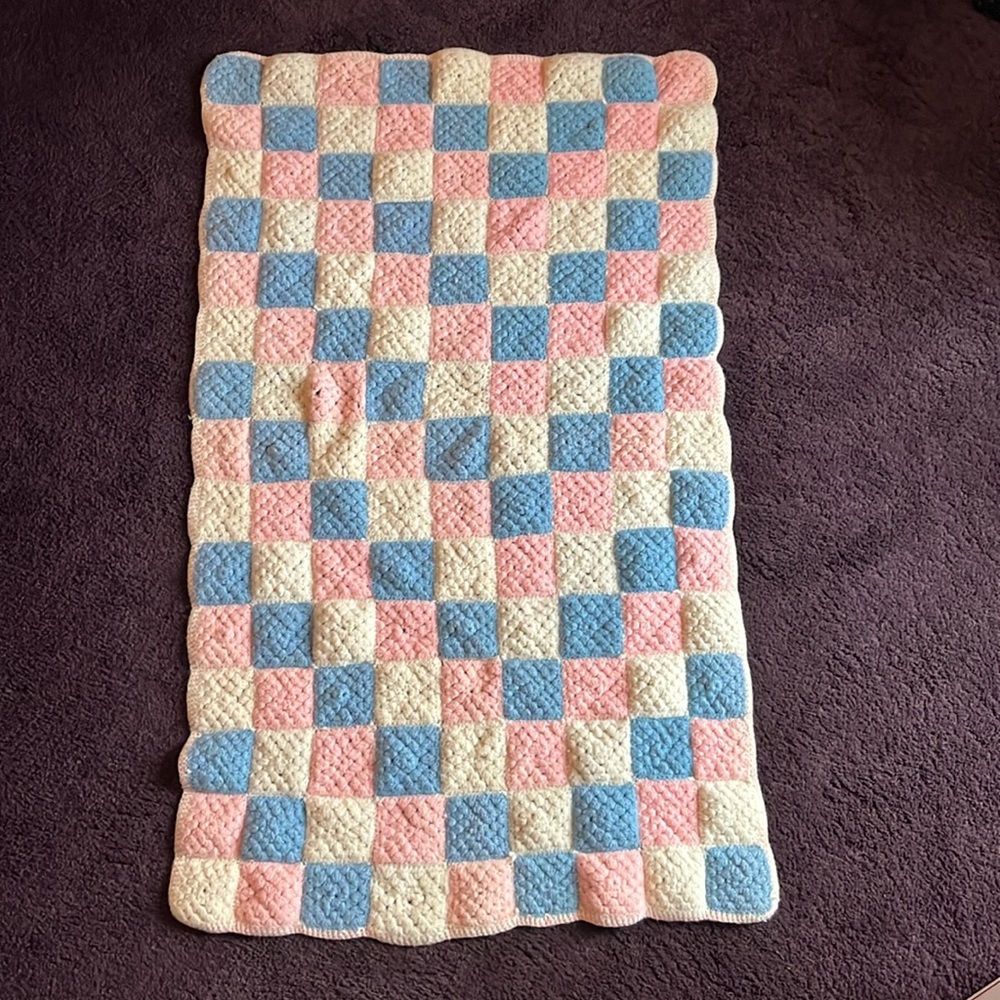 Handmade Square Crochet Baby Blanket off white, pink, blue, nursery, dolls